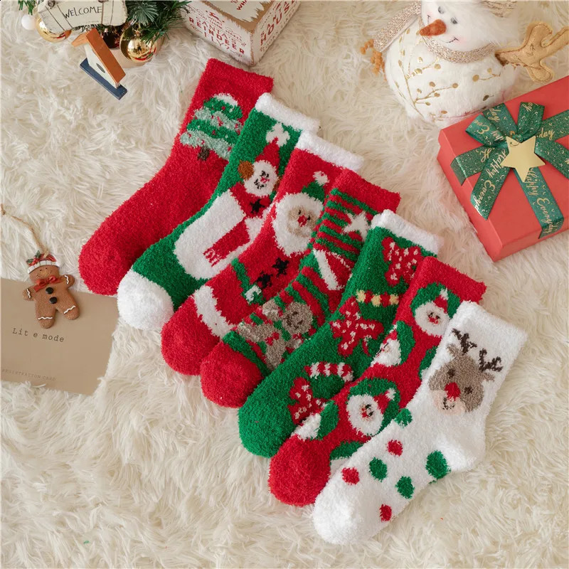Winter Warm Thicken Coral Fleece Womens Socks Cute Christmas Halloween Gift Cartoon Elk Floor Calcetines 240827