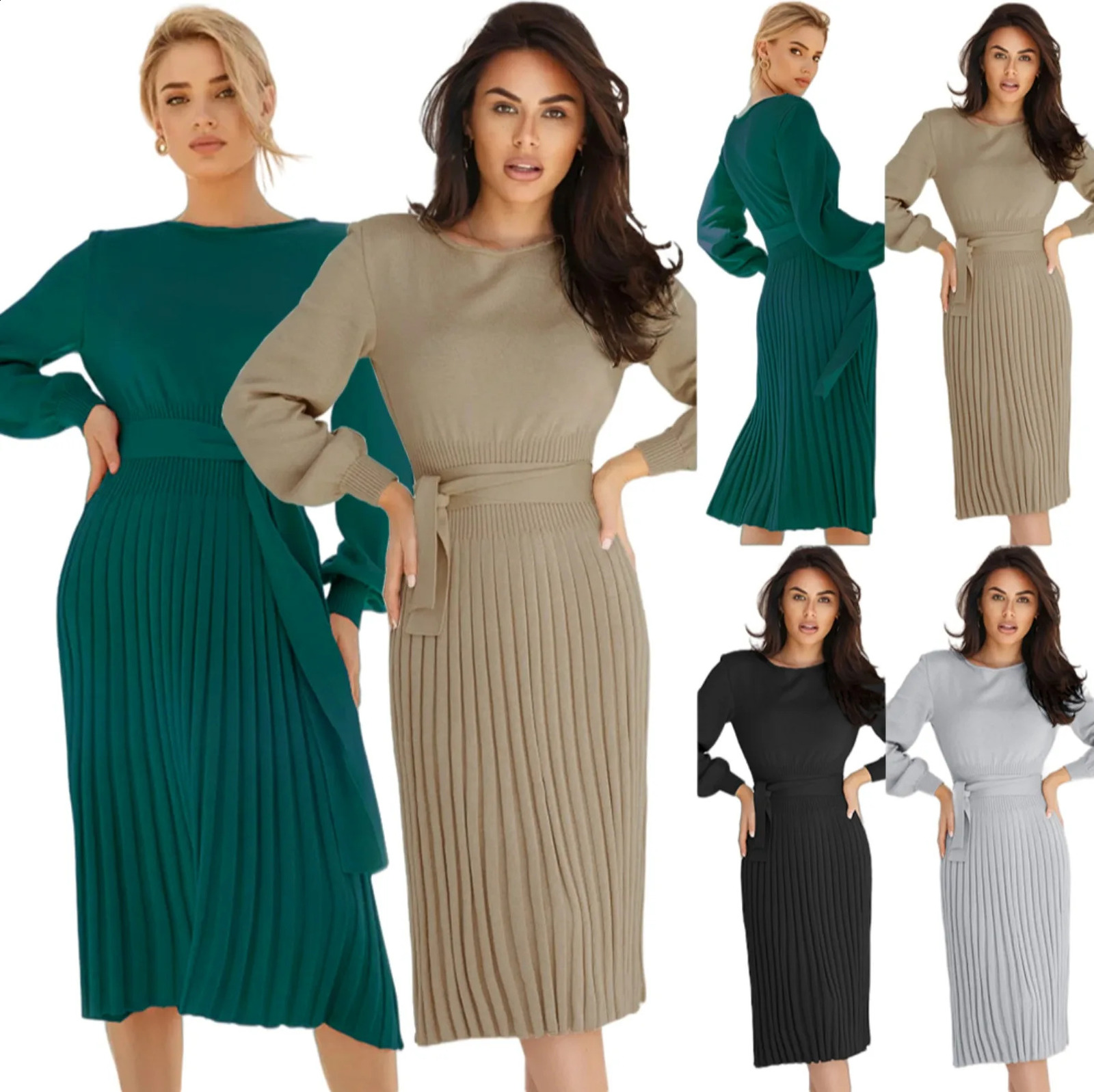 Robe en tricot d'automne et d'hiver pour femmes pull slim élastique jupe longue plissée avec 4 couleurs s-xxl 240827