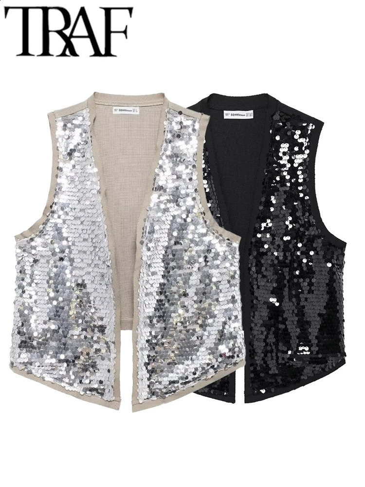 TRAF Flash Silver Glitter Womens Tank Top TRAF Summer V-neck Sleeveless Open Front Crop Irregular Tank Top Y2K 240827