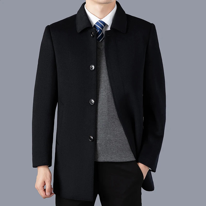 Classics Hiver Hiver Mens Couleurs de couleur massive en laine Business Woard Casual Wool Evercoat épais Top Windbreaker Long Trench Trench Veste
