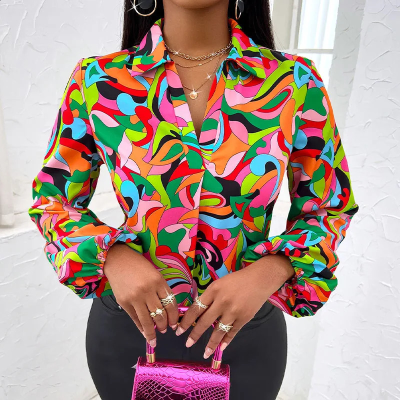 Casual loose printed womens shirt autumn retro womens oversized shirt and loose fashionable elegant womens top 240828