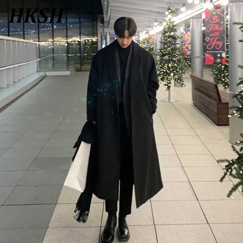 HKSH Autumn Winter Korean Trendy Mens Loose Casual Windbreaker Single-breasted Overcoat Fashion Woolen Long Trench HK2297 240827