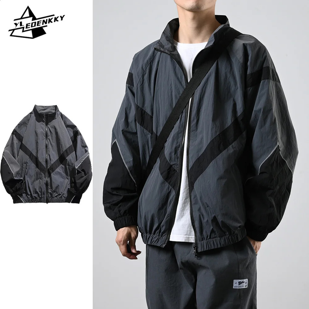 Spring thin jacket mens Japanese womens standing collar bomber jacket patch work loose quick drying top sports casual jacket 240828