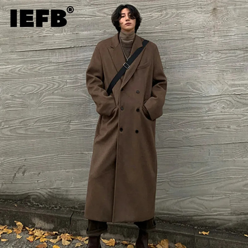 IEFB Mens Woolen Coat Long Autumn Winter Thickened Korean Fashion Loose Trend Casual Trench Solid Color Male Tops 9A6056 240827