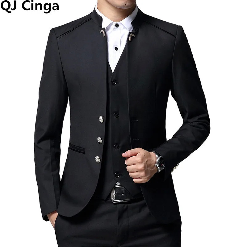 Single breasted standing collar set 3-piece set mens wedding party dress set plus size jacket jacket pants black blue red 240828