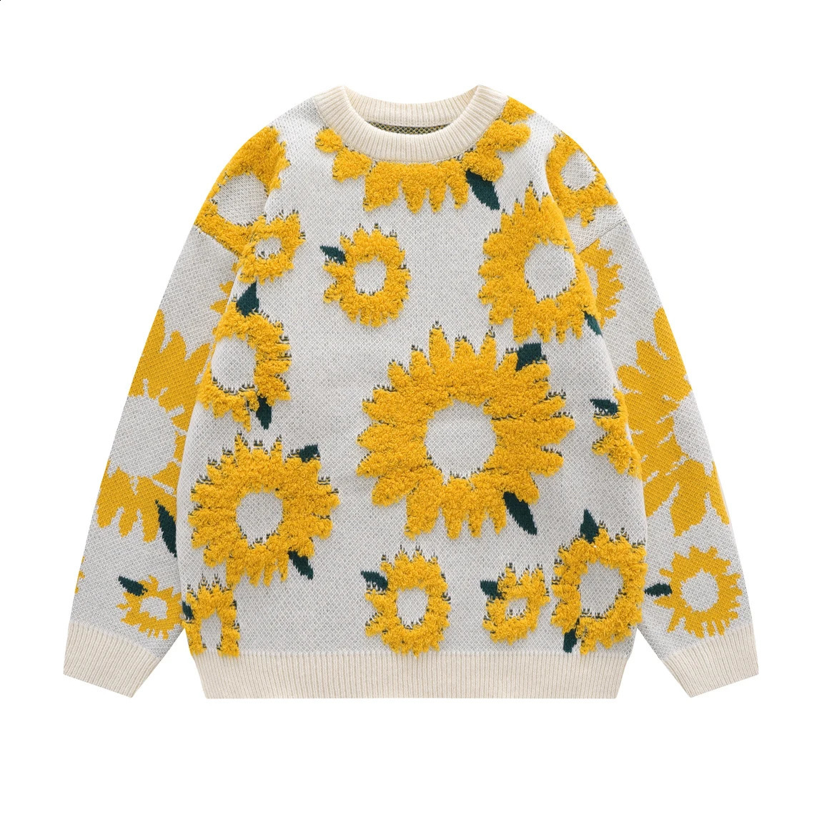 Autumn Japanese Retro Sunflower Flocking Lazy Knitwears for Men and Women BF Patchwork Trendy Couple Long Sleeve Knitted Sweater 240827
