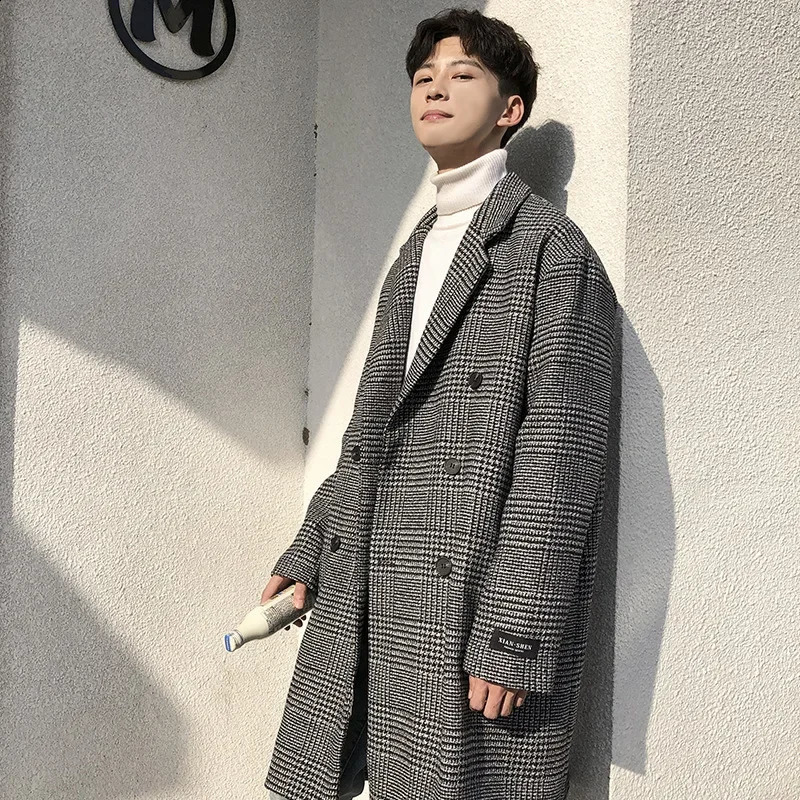 Medium and Long Woolen Trench Coat Winter Mens Korean Plaid Coat Fashion Double-breasted Cloth Coat Gray 240827