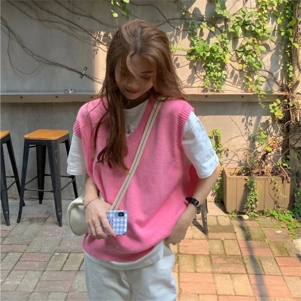 Pink Sweater Womens Sleeveless Solid Sweater Sweet Girl Spring Knitted Jacket Pre made Comfortable Belt Womens V-neck H1631 240827