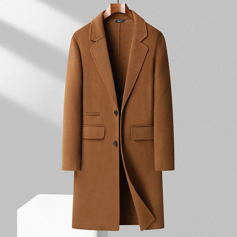 Classic Autumn Winter Mens 100% Wool Double-Faced Woolen Coat Business Casual Solid Overcoat Outwear Long Over Knee Wool Jacket 240827