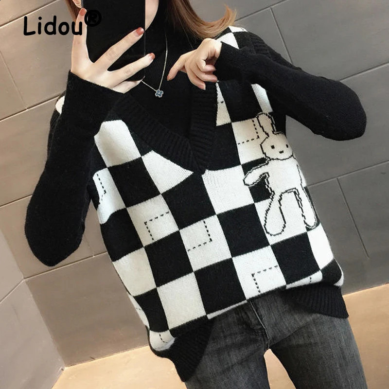 Womens retro classic Argyle cute cartoon Y2K outdoor knitted sweater vest casual streetwear V-neck loose sleeveless vest 240827