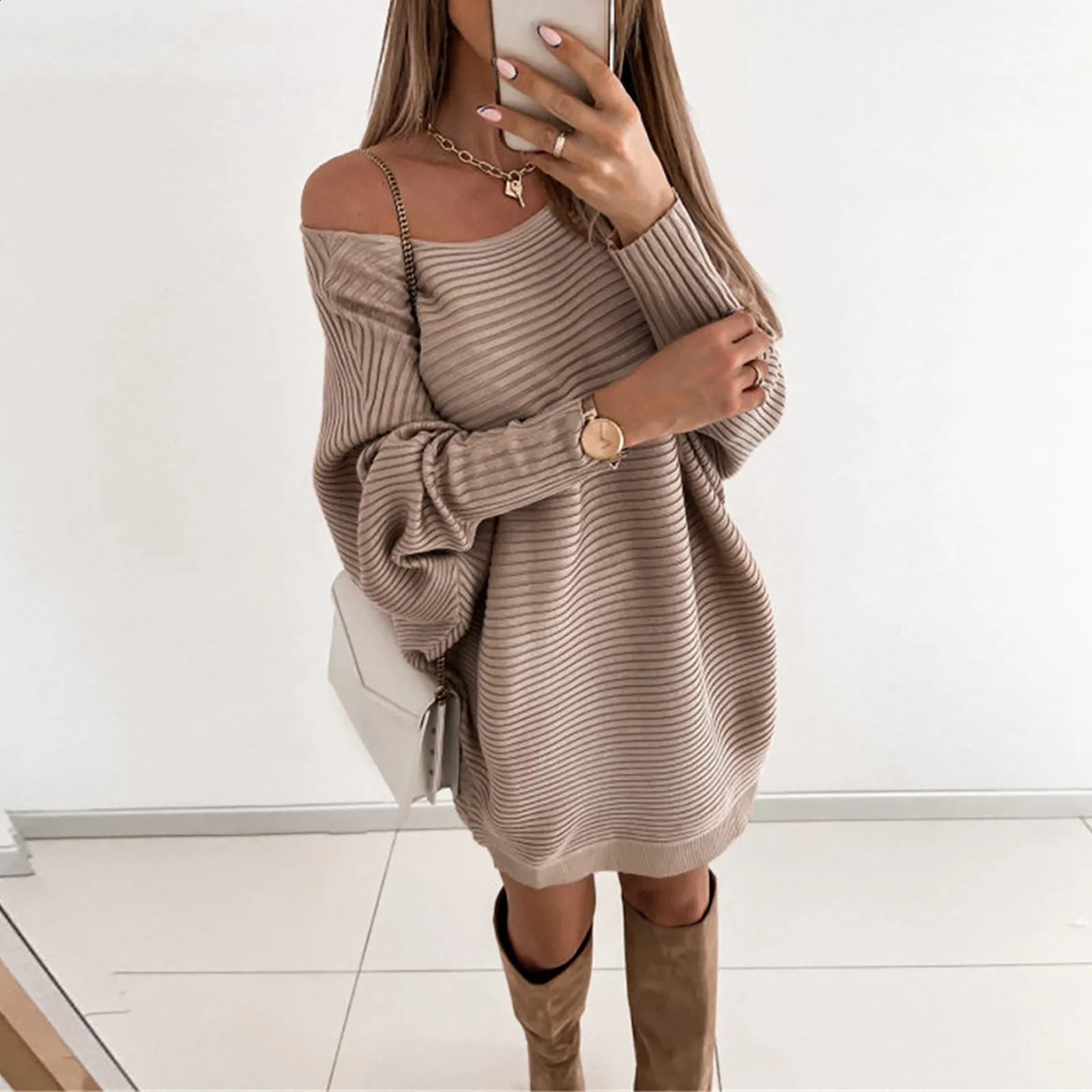 Mini dress womens clothing sweater long sleeved loose stretch knit elastic to keep warm and soft diagonal collar winter 240827
