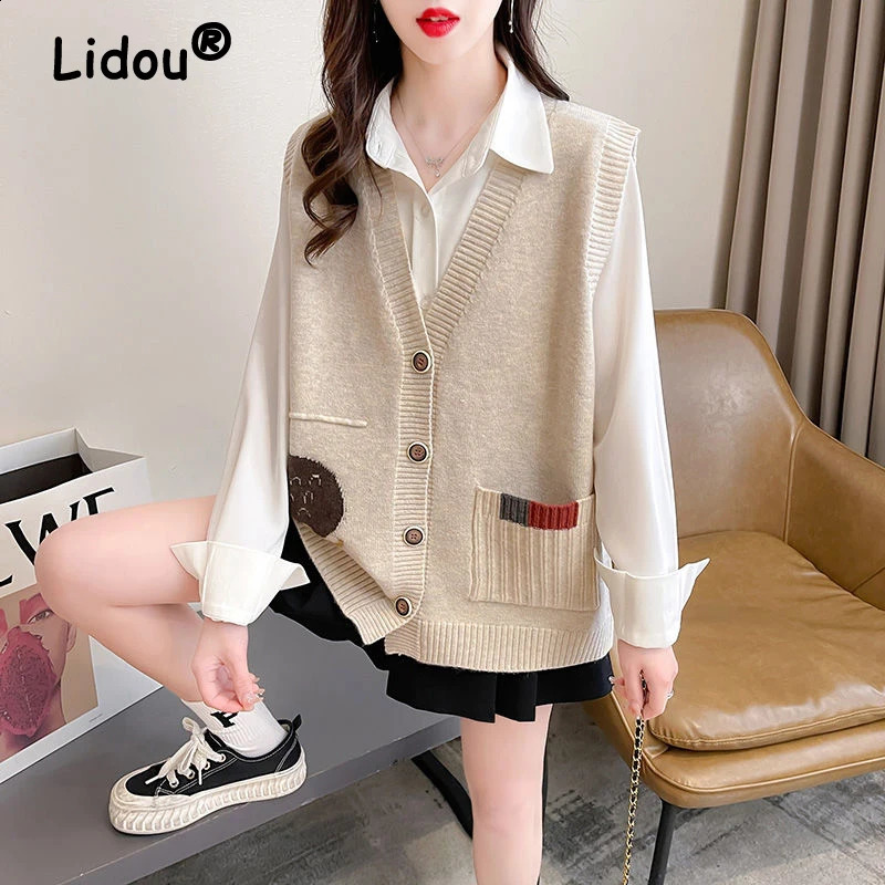 Womens retro Kavay sleeveless single chest sweater knitted cardigan Y2K simple casual V-neck sweater vest loose waistband 240827
