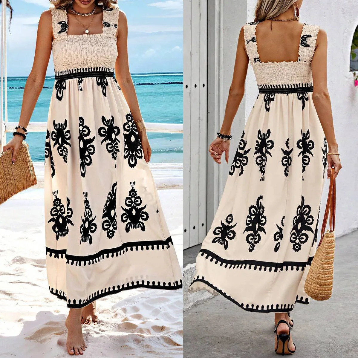 Robe de plage à long terme pour femmes Fashion lâche sans manches imprimées de soleil imprimées robe maxi décontractée