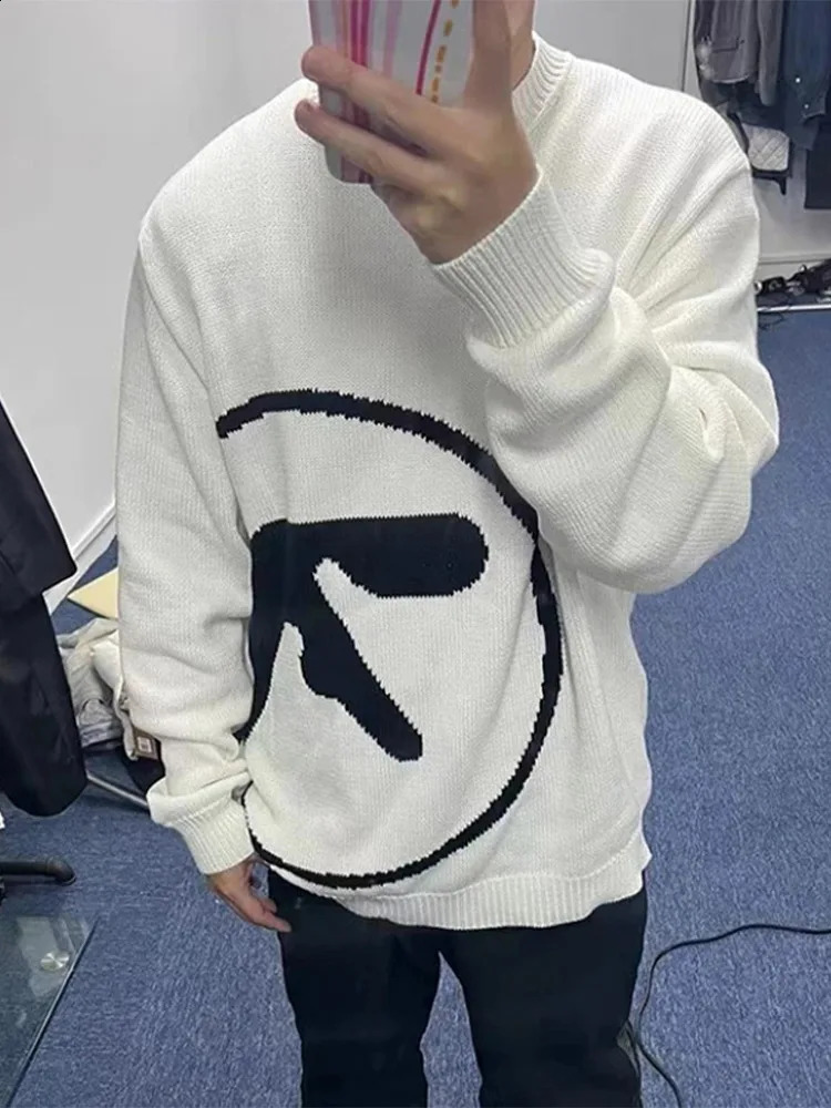 American Style Street Vintage Knit Oversize Sweater Mens Autumn Winter Long Sleeved Round Neck Solid Graphic Fashion Clothing 240827