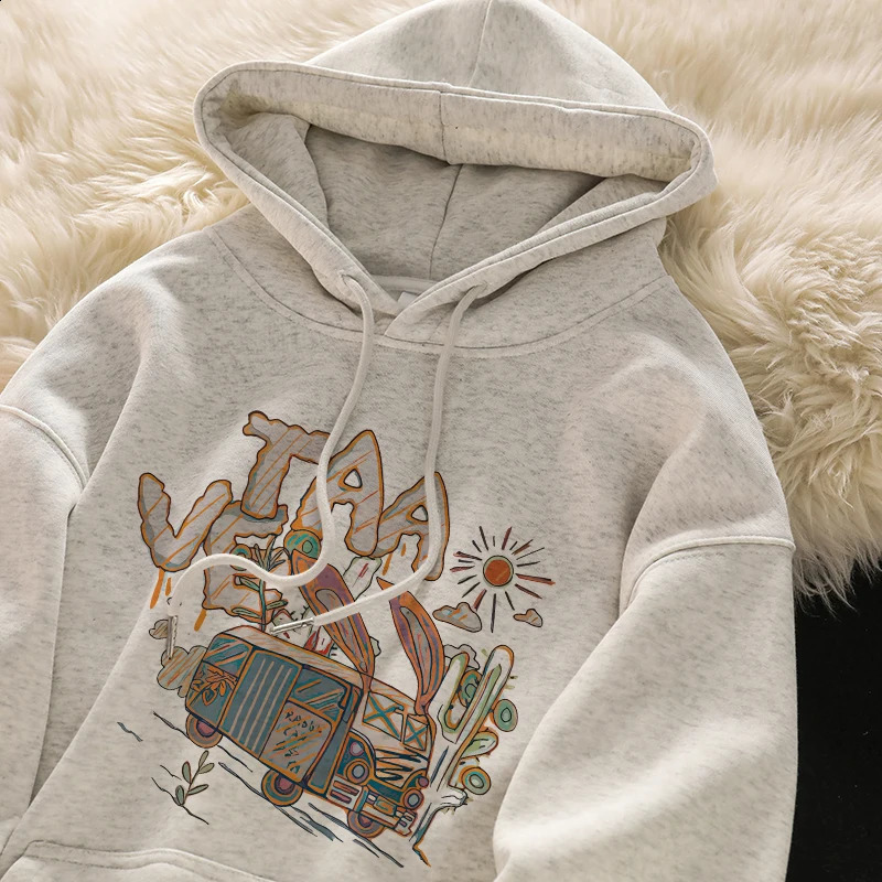 Bomon White floral grey hoodie for Womens Fall/Winter thickened loose letter print with long-sleeved shoulder coat 240827