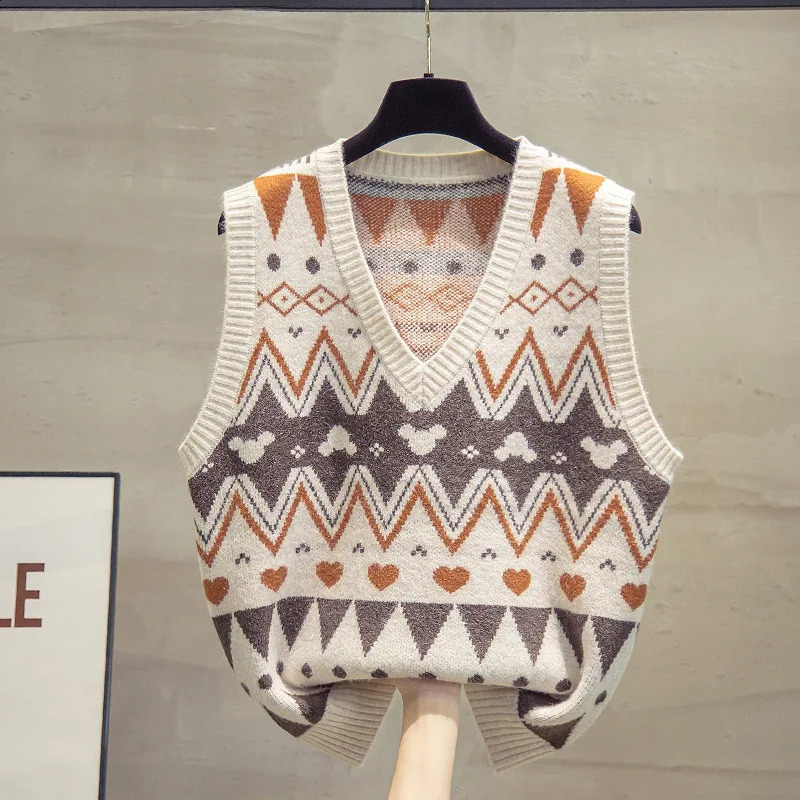 Wxw3915 Retro Knitted Vest Womens Loose Sleeveless Short Sleeve Sweater Womens Coat Knitted Pullover Vest V-neck Spring and Autumn 240827