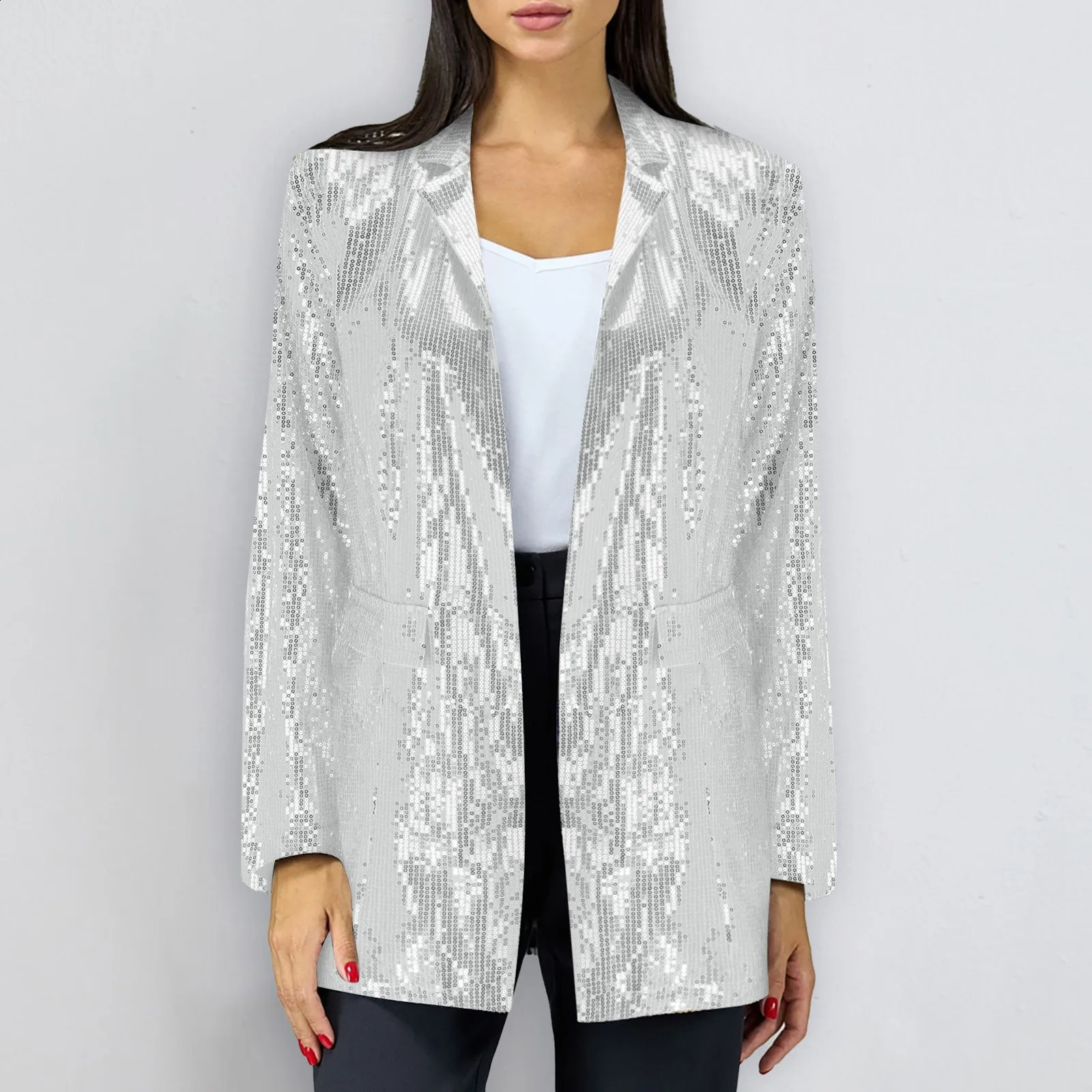 Womens Solid Color Sequined Medium Long Suit Coats Long Sleeved Turn Down Collar Leisure Fashionable Feminine Suit Overcoats 240828