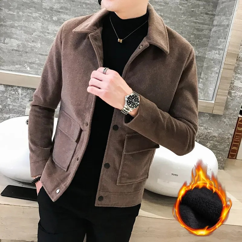 British style autumn and winter steel windbreaker pocket jacket Hombre mens wool trench coat solid color plaid casual jacket 240828