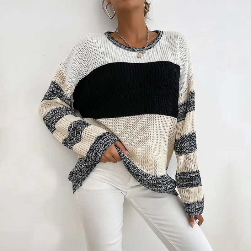 Miegofce Autumn Middle Eastern Womens Thin Pullover Round Neck Black and White Contrast Sweater 79 240827