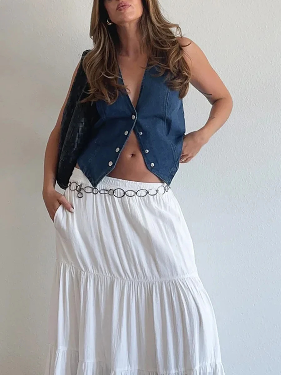 Womens denim sleeveless V-neck vest single chest jeans retro slim fit jacket 240827