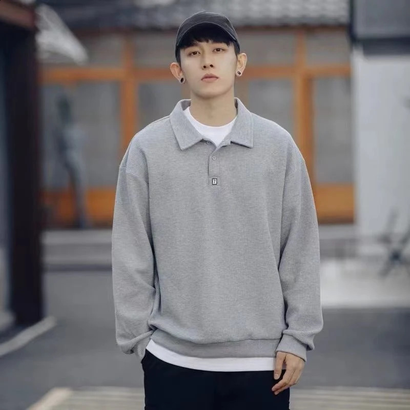 MALE Clothes Polo T Shirts for Men Sweatshirts Unicolor Plain Tops Winter FULl SleEve Aesthetic Korean Autumn one Piece 240828