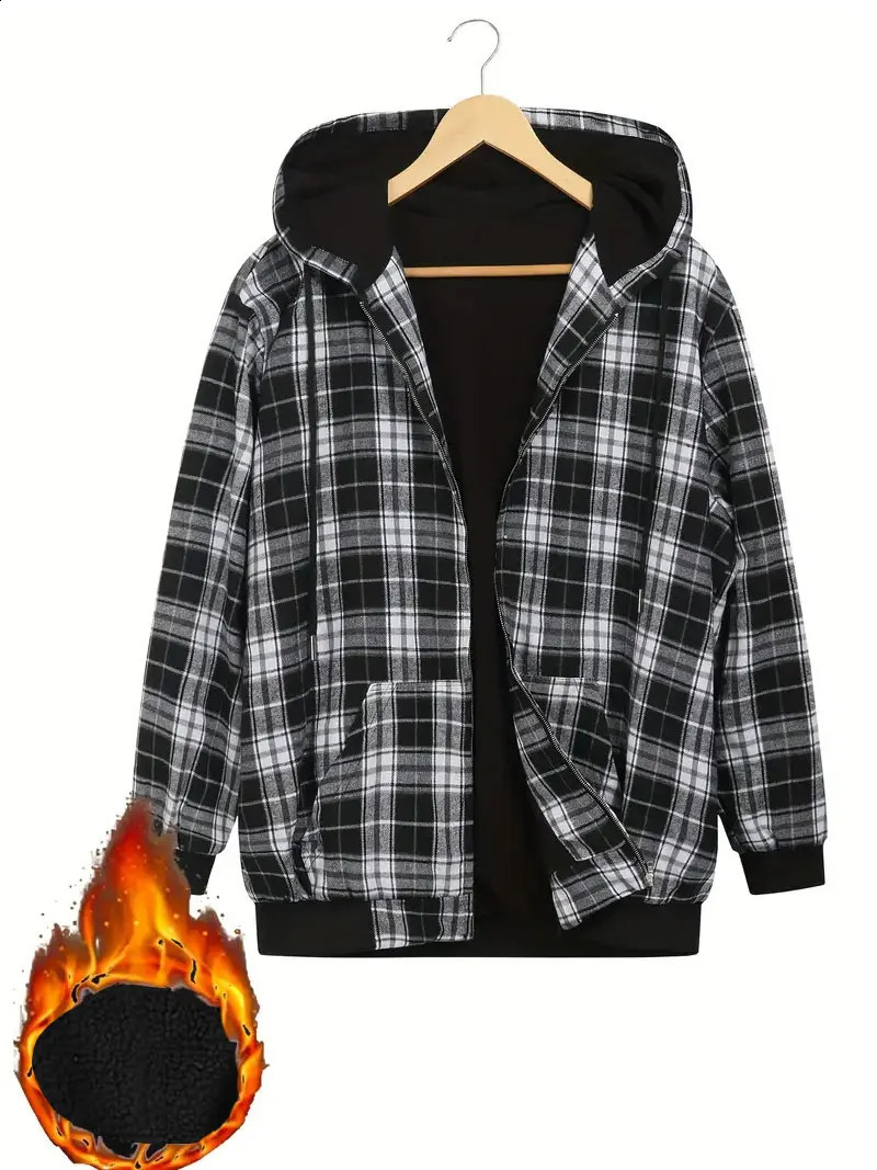 Mens hooded sweater winter warm wool jacket fashionable casual checkered hooded sweater outdoor jacket L-5XL mens clothing 240828