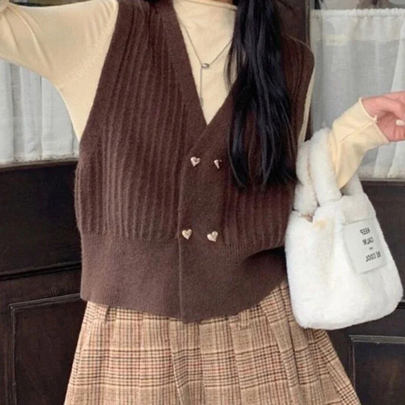 Winter button knit top womens brown V-neck womens sweater vest warm shirt top crochet trend jersey 240827