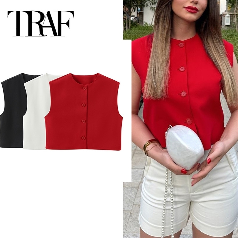 TRAF Red Sleeveless Vest Woman Button Black White Cropped Women Summer Casual Short Coats Waistcoat Womens Fashion Vests y240827