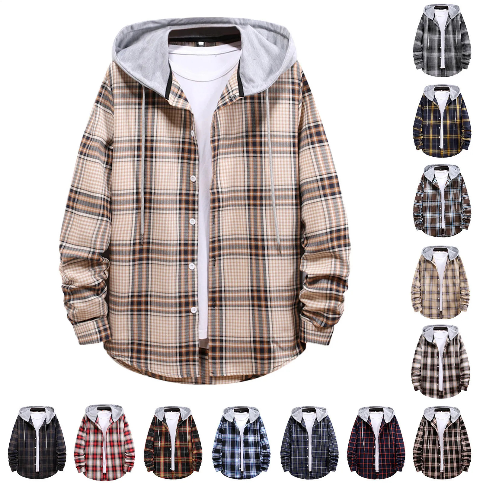 Mens casual plain weave shirt hoodie oversized casual shirt mens clothing European and American style handsome holiday plaid shirt 240828
