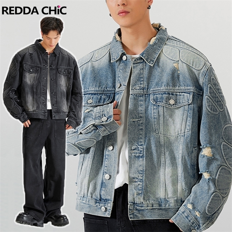 REDDACHIC 3D Padded Demi-season Denim Jacket Men Heavy Industry Vintage Wash Ripped Hole Y2k Oversize Coat Fall Winter Outerwear 240827