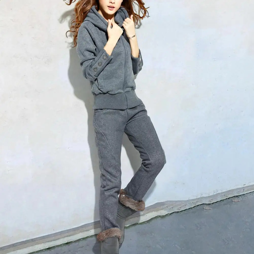 1 Set Women Sweatshirt Sweatpants Thicken Hooded Plush Cold Proof Korean Style Buttons Decoration Tracksuit Two Pieces Set 240827