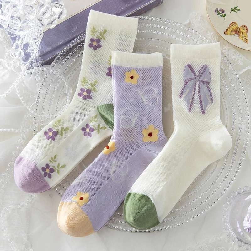 Caramella Mesh Cotton Socks for Women Cute Print Flowers Plants Pattern Fashion Spring Summer Autumn Wholesale 12 Pairs 240827