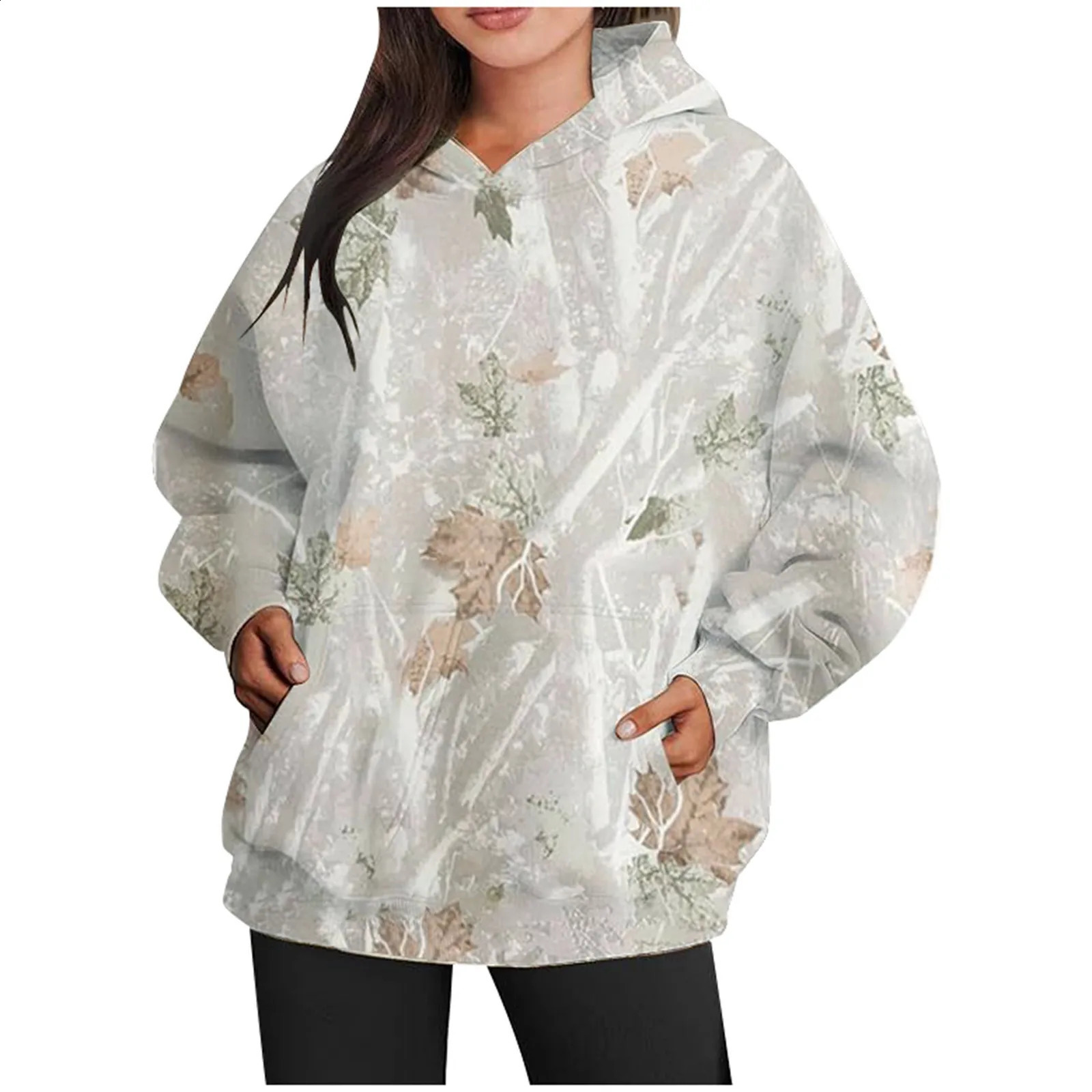 Winter Fleece Warm Sweatshirt Hoodie Womens Printed Fashionable Casual Long-Sleeved Pocket Hooded Pullover Sweatshirt Woman 240827