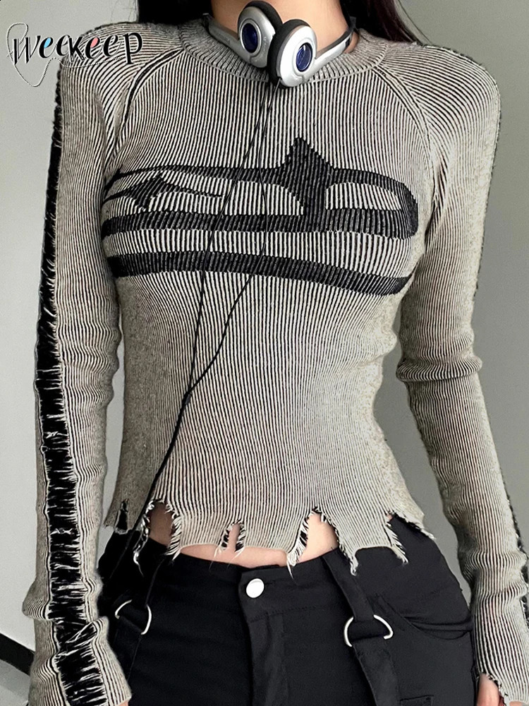 Pull vintage déchiré Weekeey Harajuku Patchwork Imprimé à manches longues pour les femmes d'automne d'hiver Basic Pullovers Street Style 240828