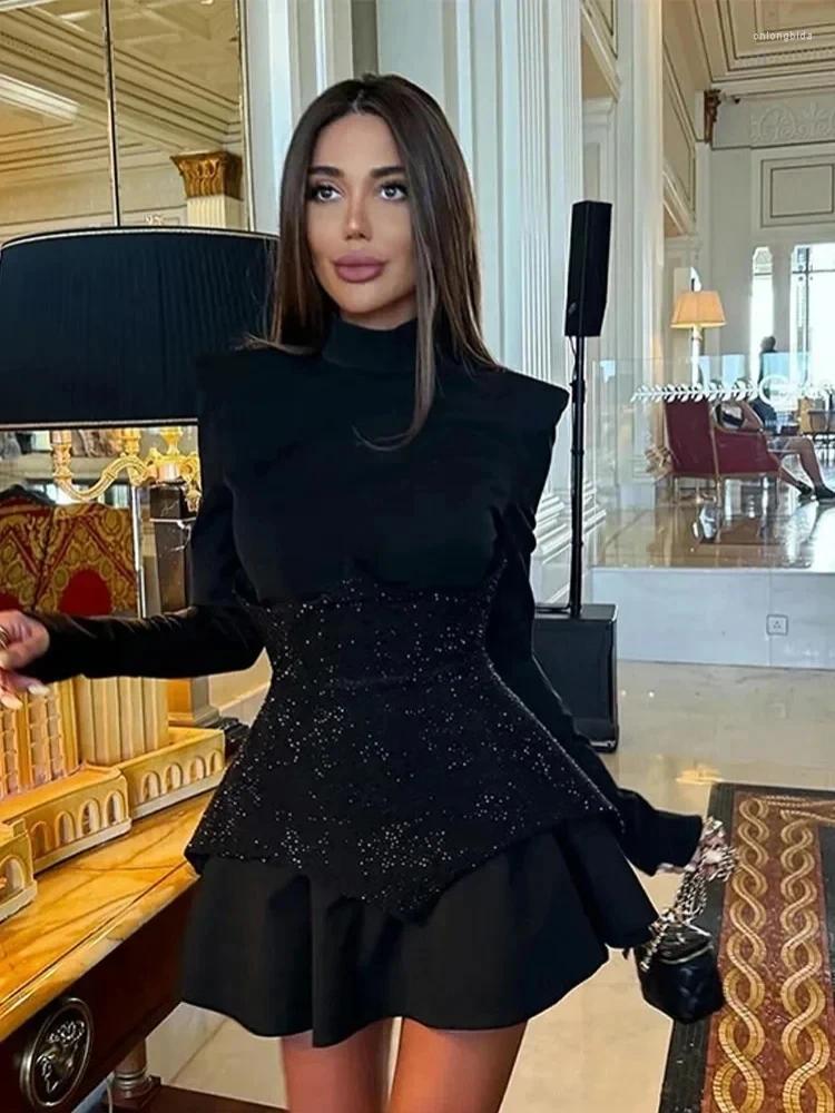 Robes décontractées à manches longues sexy taille diamants scintillaires