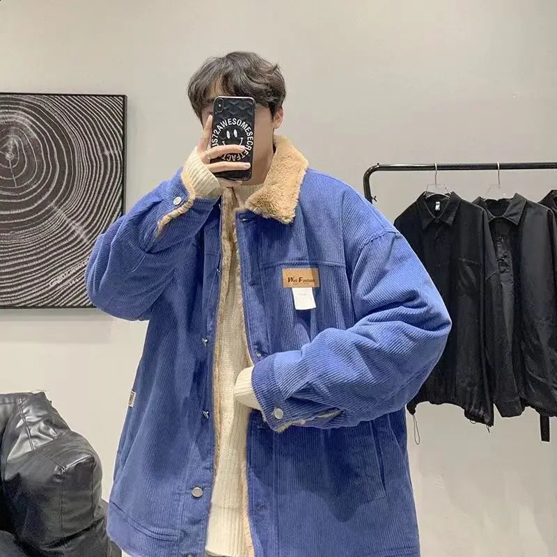 Hong Kong style retro corduroy cotton coat loose jacket mens winter thickened casual cotton coat for couples trend ins 240828