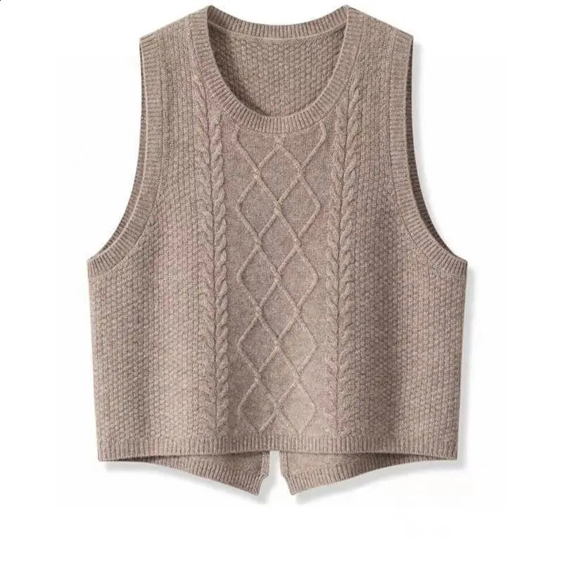 100% wool womens sweater vest autumn and winter stacked loose tailcoat splicing solid color knitted sleeveless sweater 240827