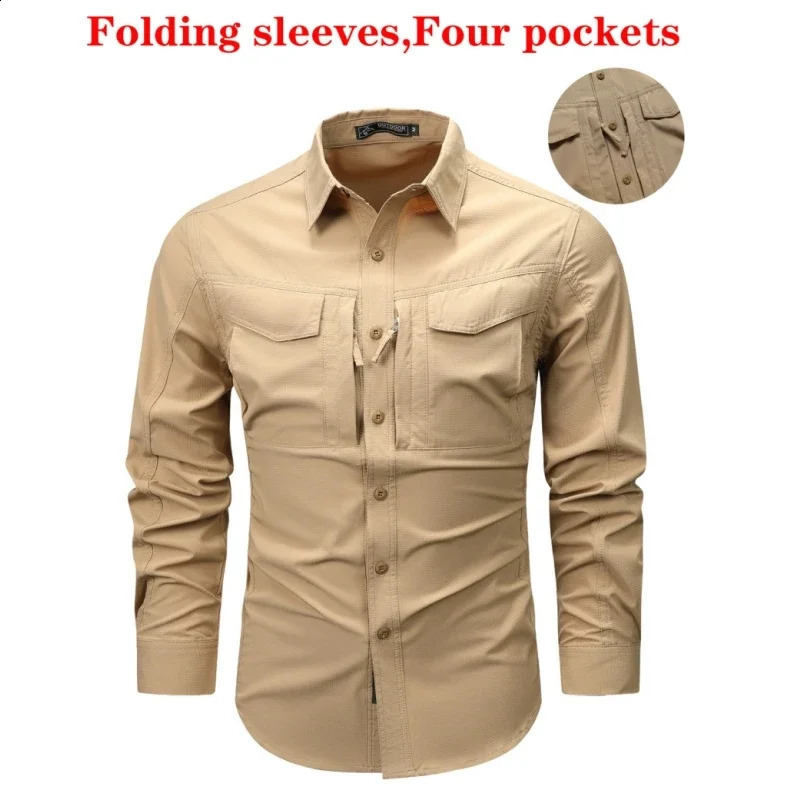 Mens freight shirt autumn tactical multi pocket armrest breathable technology clothing outdoor casual workwear top long sleeved mens 240828