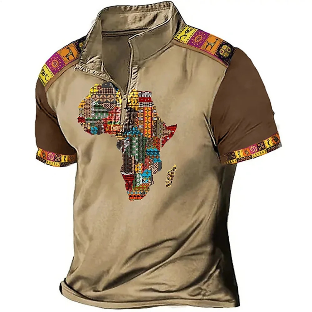 Retro mens polo shirt 3D map printing golf T-shirt motorcycle zipper polo T-shirt summer quick drying oversized mens clothing top 240827
