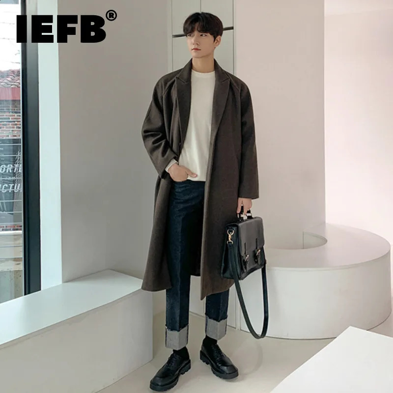 IEFB Korean Style Mens Woolen Coat Lace-up Casual Solid Color Single Button Male Windbreaker Autumn Fashion 9Y5235 240827
