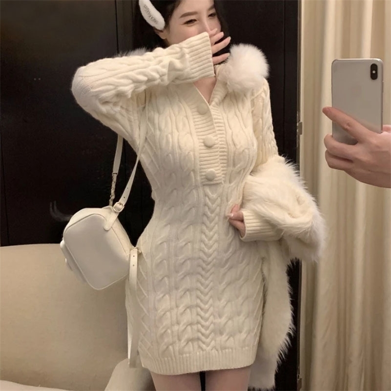 Autumn and Winter Elegant Womens Sweater Christmas Red Ultra Thin Fur Patch Work Hat Knitted Dress Womens Knitted Hoodie 240827