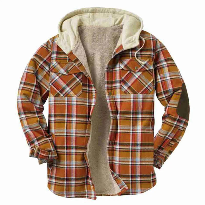 European and American mens autumn and winter checkered printed casual hoodie wool thick jacket 240828