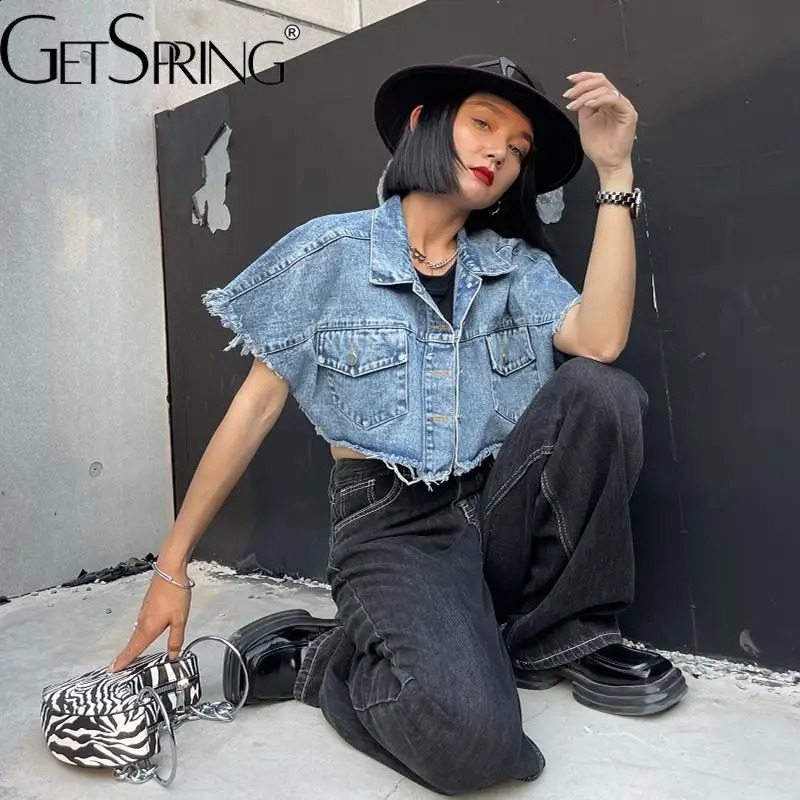 Getspring Womens Denim Tank Top Spring/Summer Bat Sleeve Jeans Tank Top Fashionable Full Match Loose Casual Denim Top ly Arrived 240827