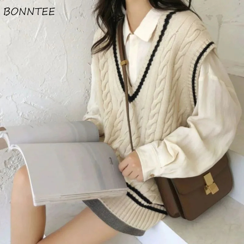 Pull gilet femme sans manches tricot simple collégial étudiant préparatoire harajuku assorti en V V-collier rétro au printemps automne féminin de