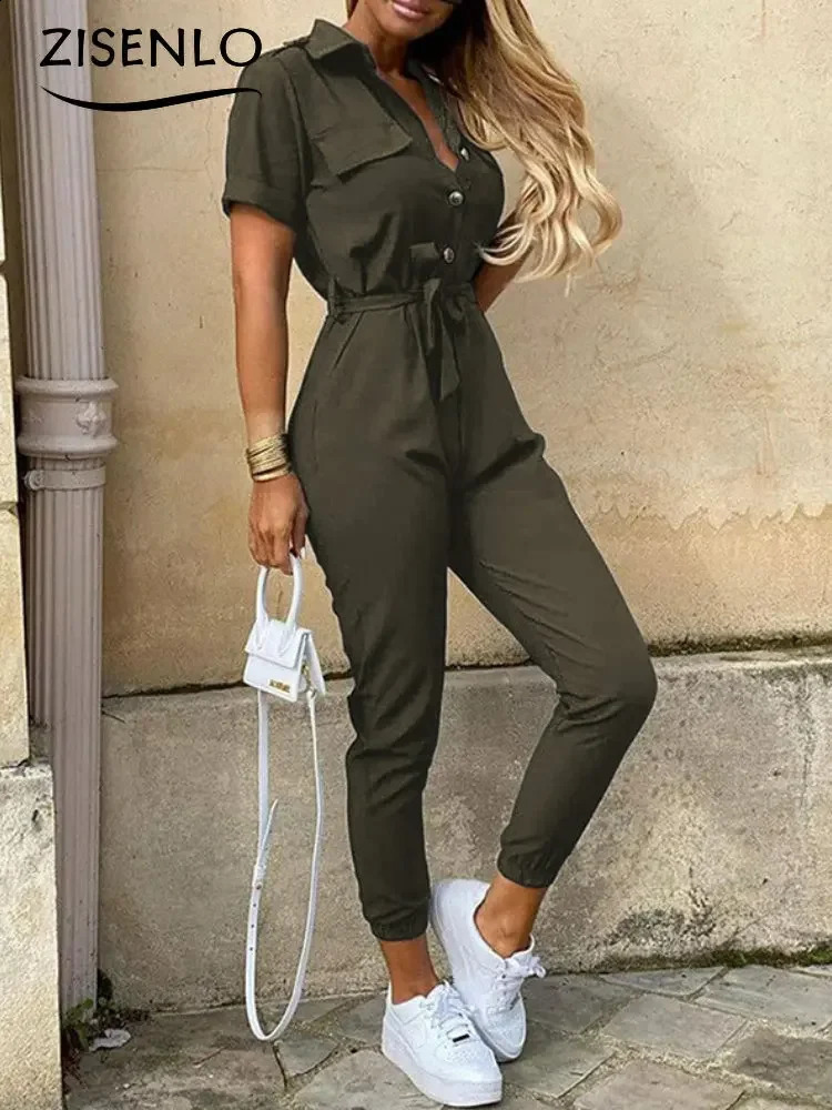 Womens casual lapel lace printed work belt jumpsuit womens one-piece tight fitting clothing womens fashionable and elegant long jumpsuit 240827