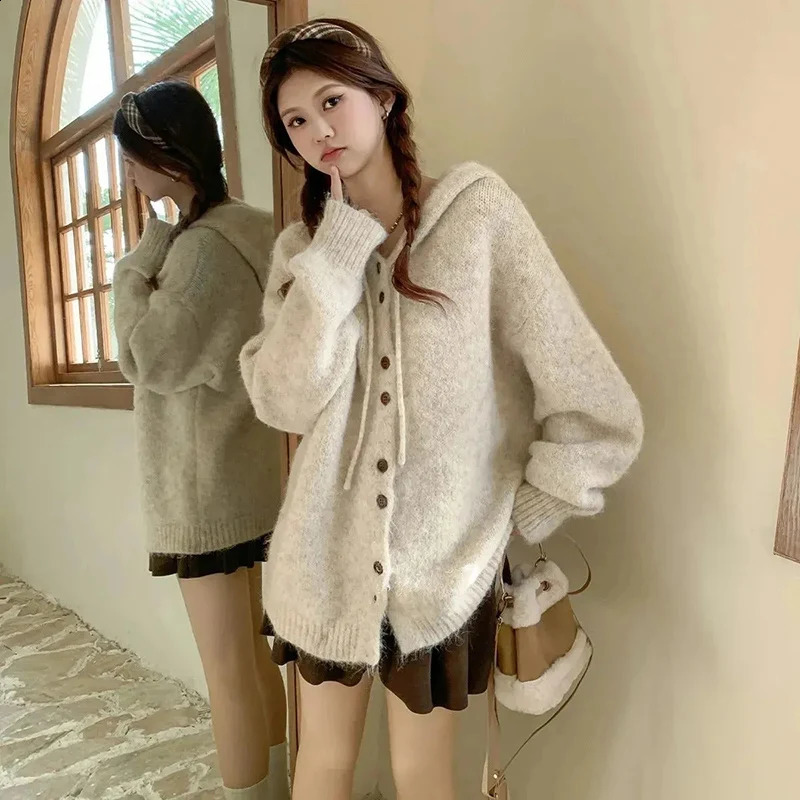 Autumn Winter Hooded Knitted Cardigan Women Korean Style Single Breasted Sweater Coat Woman All Match Female Streetwear Coats 240828