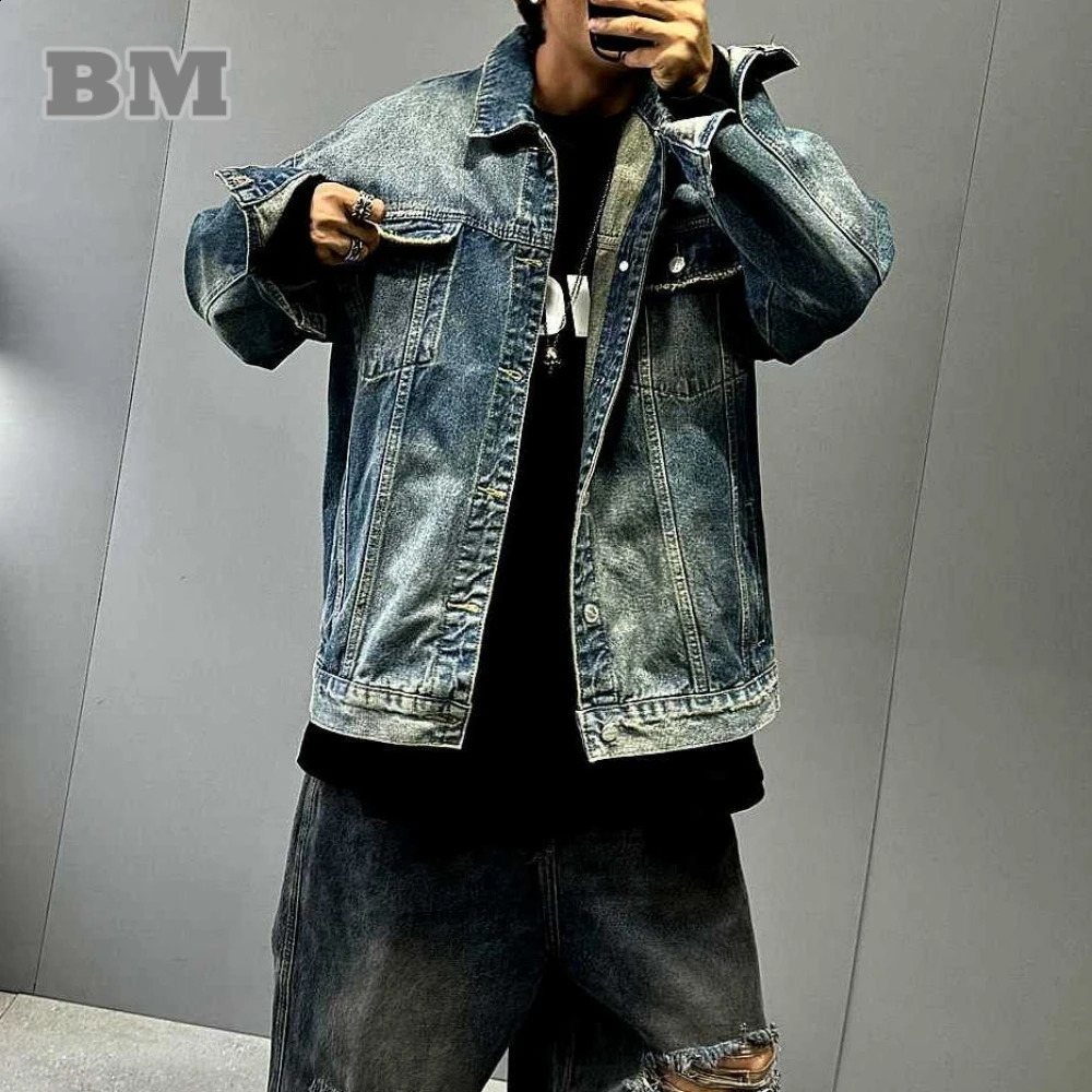 American Streetwear High-End Yellow Mud Dyed Denim Jacket Mens Clothing Korean Hip Hop Jeans Jacket Vintage Casual Oversize Coat 240827