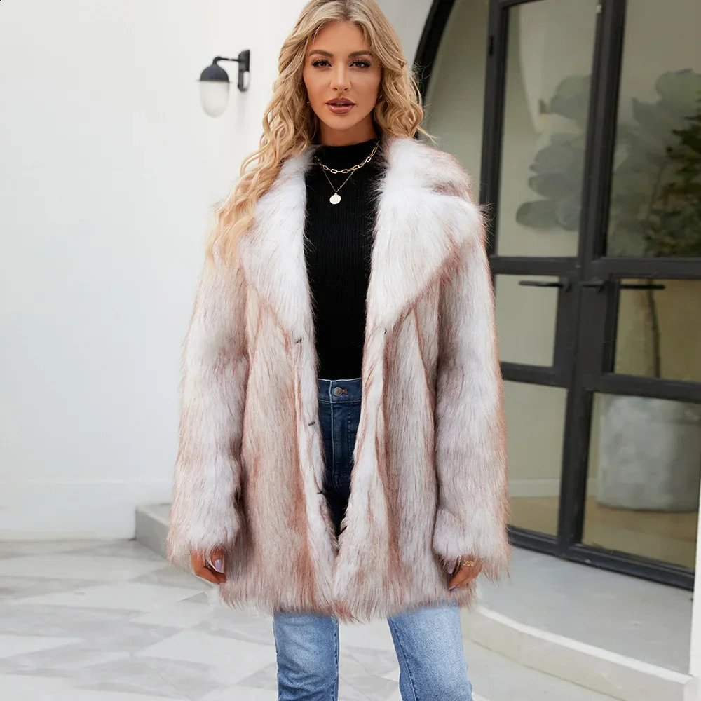 2024 High Street Womens Fashion Slim Faux Fur Medium Long Turndown Collar Coat Jacket Winter Office Lady Women 240828
