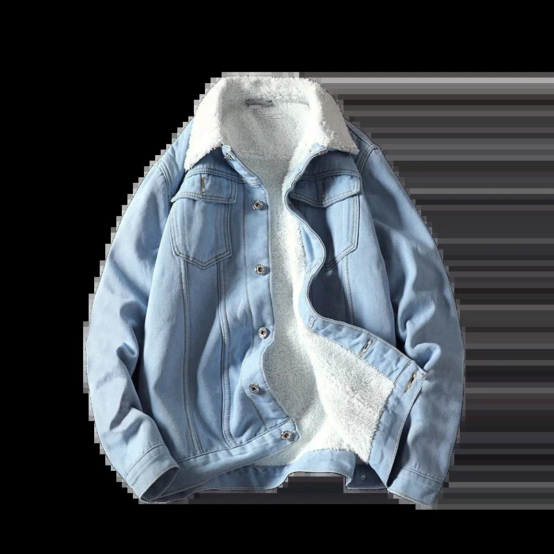Vintage denim jacket mens plush thickened loose fitting work clothes cotton jacket wool collar enlarged cotton jacket 240828