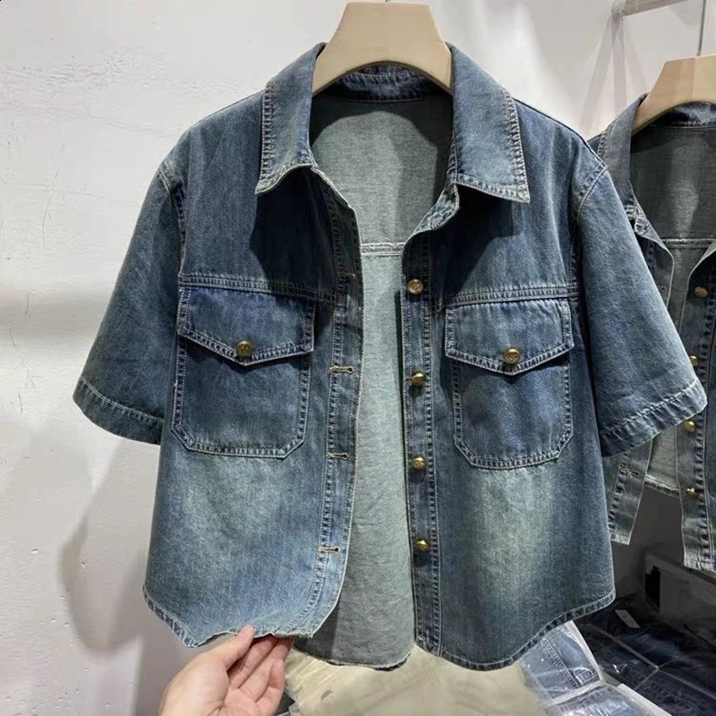 Denim Shirt Womens Summer Turndown Collar Loose Casual Short Jacket Fashion Short Sleeved Single Breasted Thin Top 240828